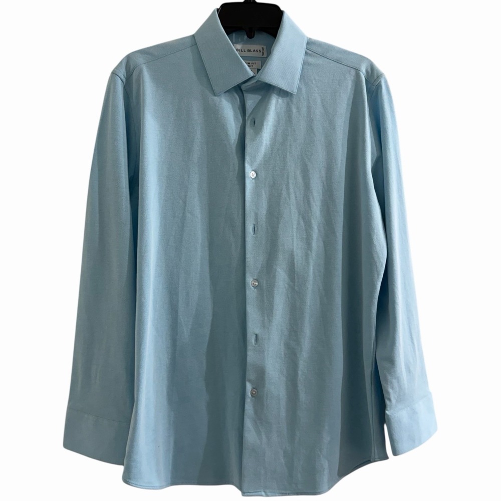 Bill Blass Slim Fit Knit Dress Shirt Mens M Light Blue Stretch 15 32/33 - Picture 2 of 9
